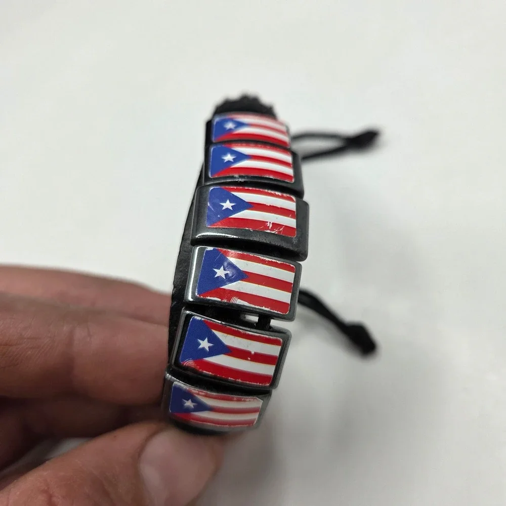 Puerto Rico Flag Bracelet Leather Cord Adjustable Slider Bead Charm Brown Black